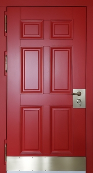 Стальная термодверь с отбойником и красными панелями МДФ RAL Стальная термодверь с отбойником и красными панелями МДФ RAL