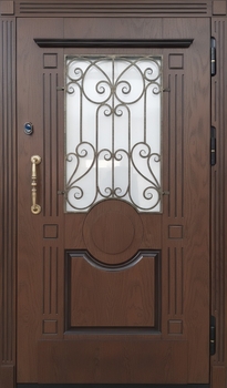 Металлическая термодверь со стеклопакетом, ковкой и панелями МДФ с фрезеровкой и багетом Металлическая термодверь со стеклопакетом, ковкой и панелями МДФ с фрезеровкой и багетом